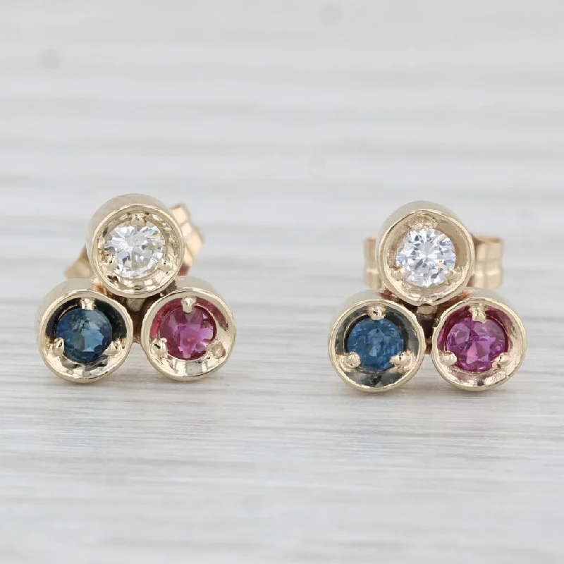 Sleek Silver Earrings For Casual Style-0.34ctw Diamond Ruby Sapphire Stud Earrings 14k Yellow Gold Round 3-Stone