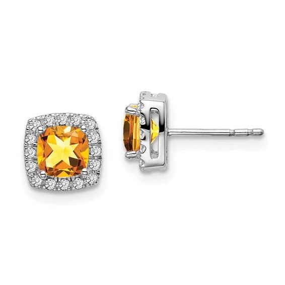 Colorful Earrings For Happy Vibes-14k White Gold Cushion Citrine and Diamond Halo Earrings