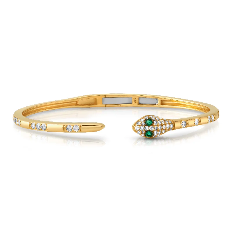 Bangles For Family Gatherings-Emerald eye snake bangle, 14kt gold