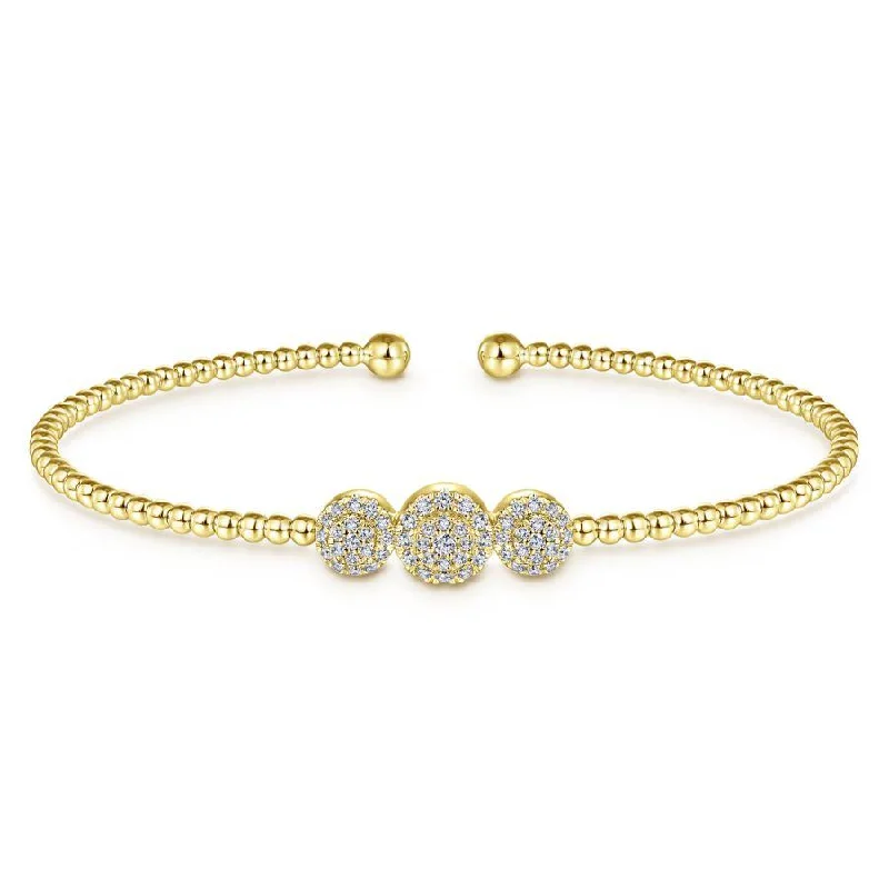 Bracelets With Hollow Effects-Gabriel & Co. - BG4114-62Y45JJ - 14K Yellow Gold Bujukan Bead Cuff Bracelet with Three Pavâ€š Diamond Stations