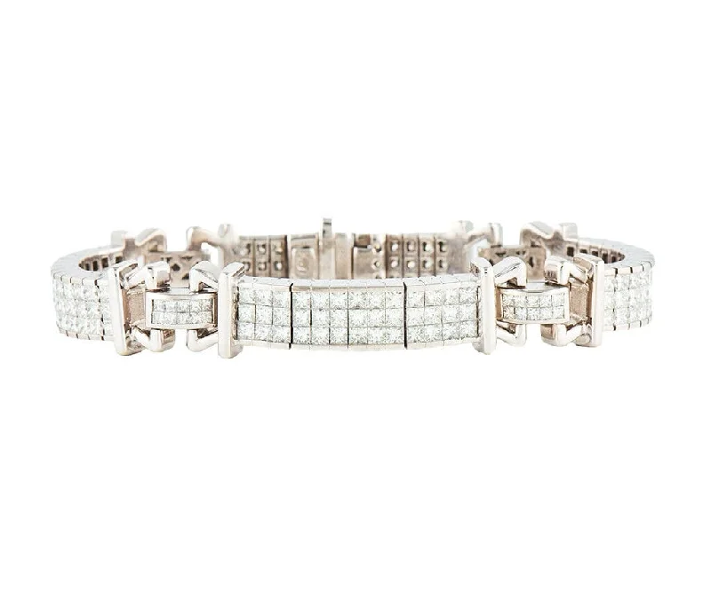 Bracelets For Birthday Gifts-12.92ctw Princess Cut Diamond Invisible Set Station Link Bracelet in 18K