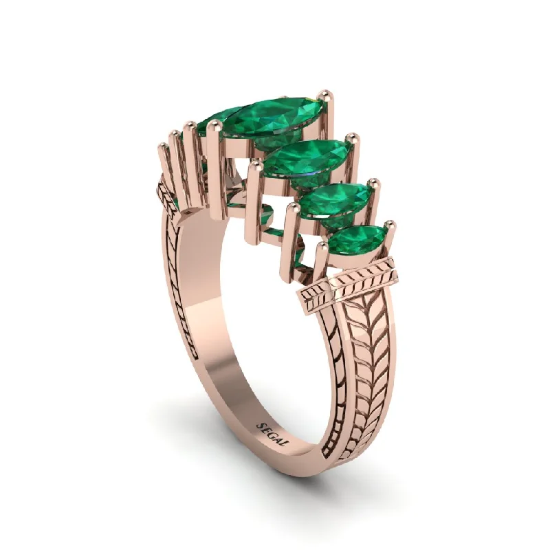 Classic Gold Wedding Rings For Him and Her-Marquise-Cut Emerald Cascade Engagement Ring - Regina No. 5