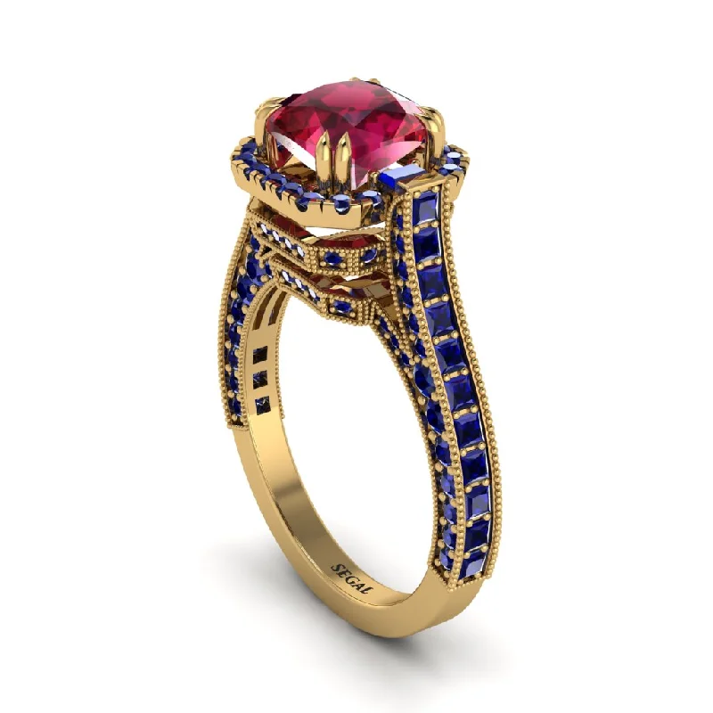 Unique Gold Engagement Rings For Brides-Ruby Three Halo Milgrain Engagement Ring - Mira No. 70