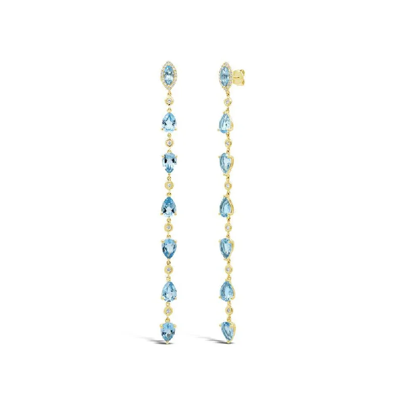 Modern Pearl Earrings For Evening Wear-14K Yellow Gold Diamond + Blue Topaz Earrings