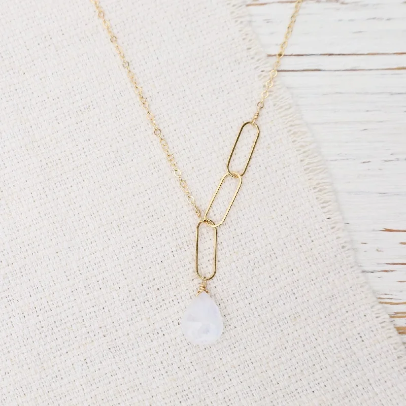 Simple Name Necklace For Personalized Jewelry-Asymmetrical Paperclip & Rainbow Moonstone Necklace