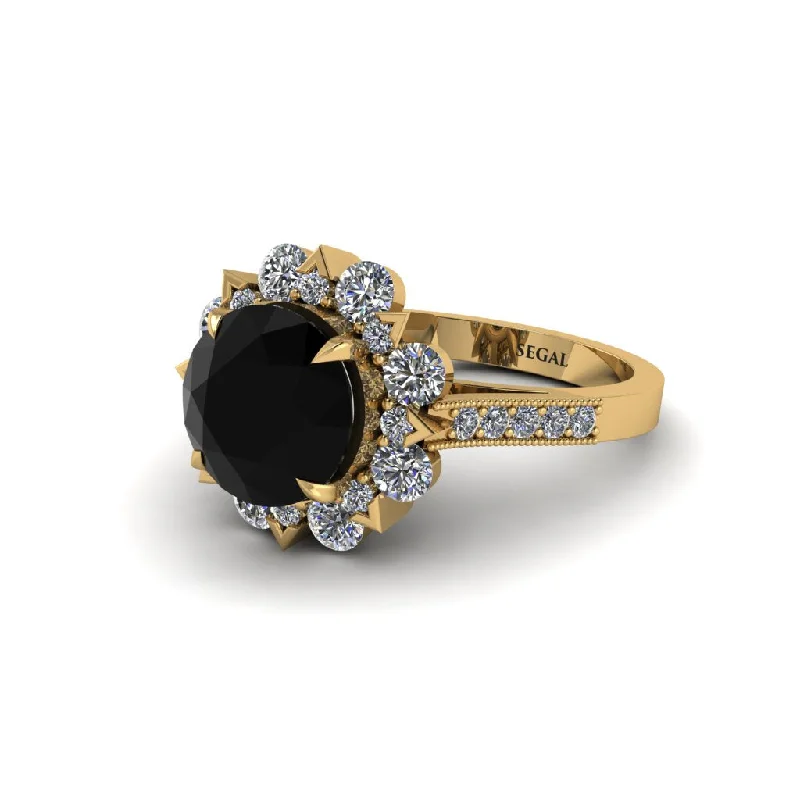 Beautiful Birthstone Rings For Personalized Gifts-Black Diamond Halo Sunburst Engagement Ring - Winter No. 7