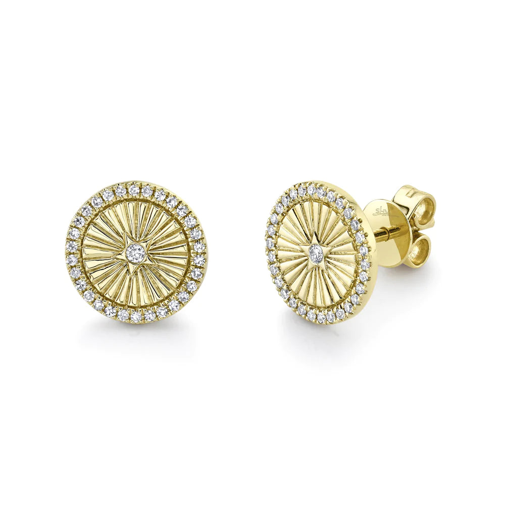 Wooden Hoop Earrings For Eco-Friendly Style-14K Yellow Gold Diamond Fluted Round Disc Earrings