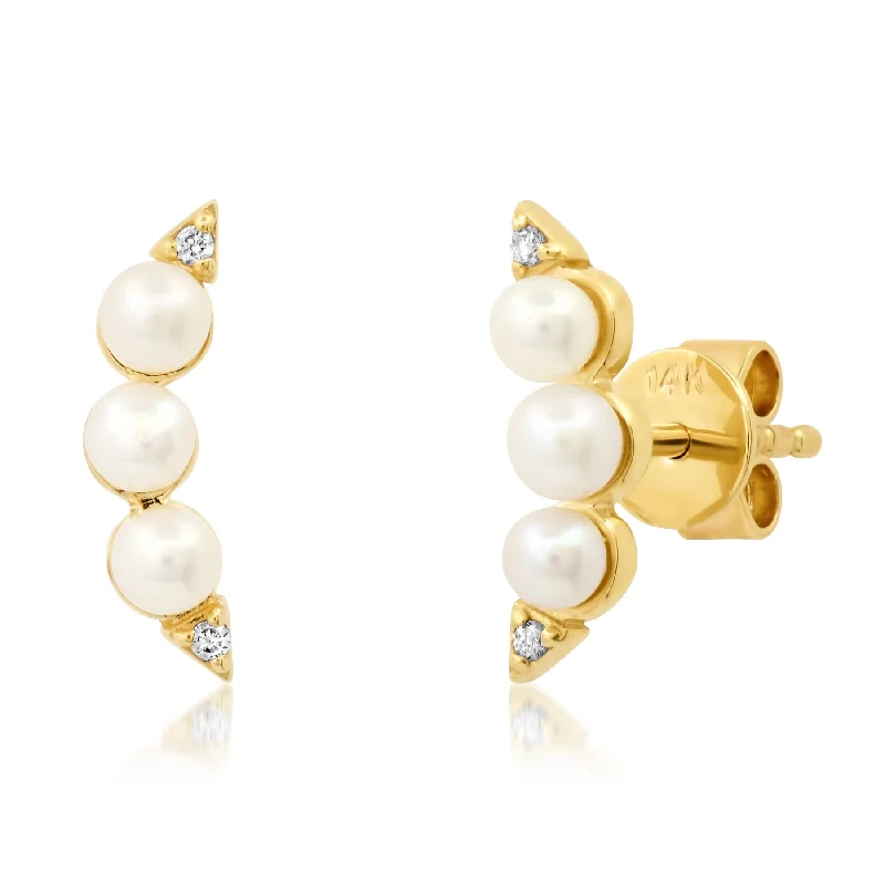 Elegant Leaf Earrings For Nature Lovers-THREE PEARL DIAMOND STUDS, 14kt GOLD