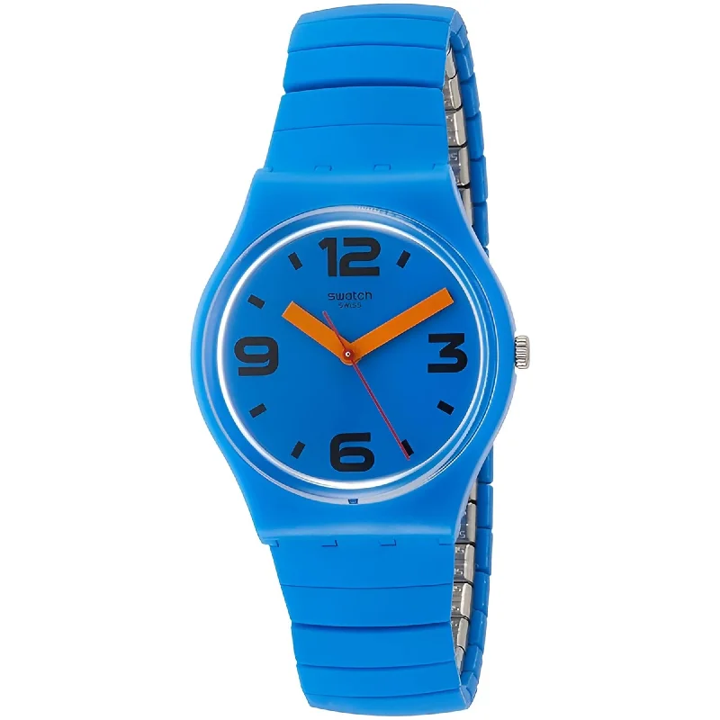 Watches For Prom Nights-Swatch Women's Watch - Pepeblu Blue Silicone Covered Expansion Bracelet | GN251A