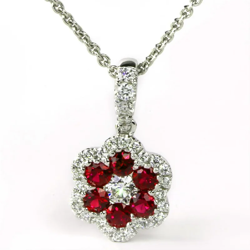 Trendy Crystal Bar Necklaces For Bold Look-Ruby & Diamond Halo Flower Pendant Necklace 18K White Gold