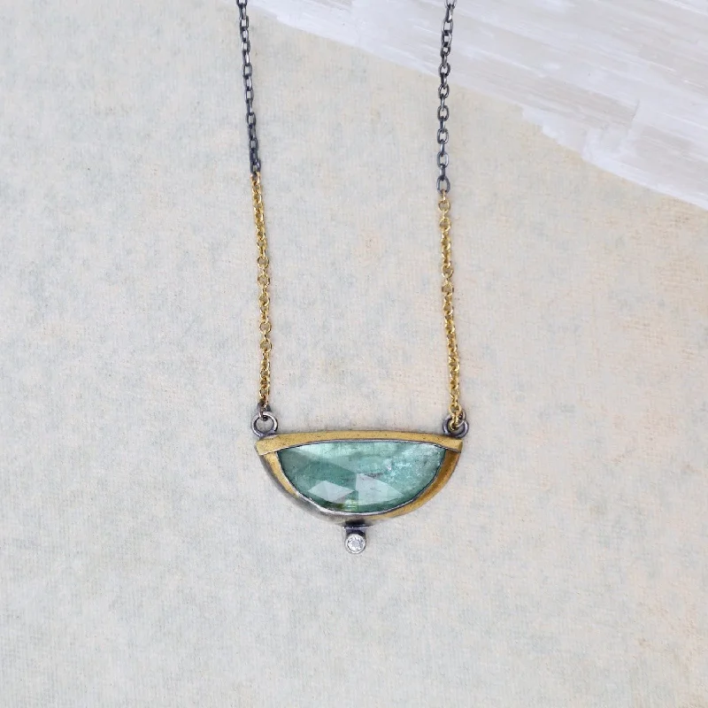 Elegant Crystal Pendant Necklaces For Special Events-Green Kyanite Small Crescent Fold Necklace