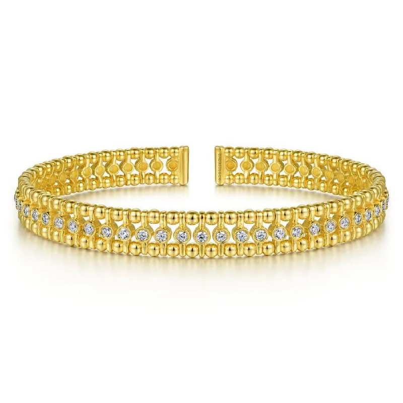 Bracelets With Bold Patterns-Gabriel & Co. - BG4616-62Y45JJ - 14K Yellow Gold Bujukan Bead Cuff Bracelet with Diamond Bezel Connectors