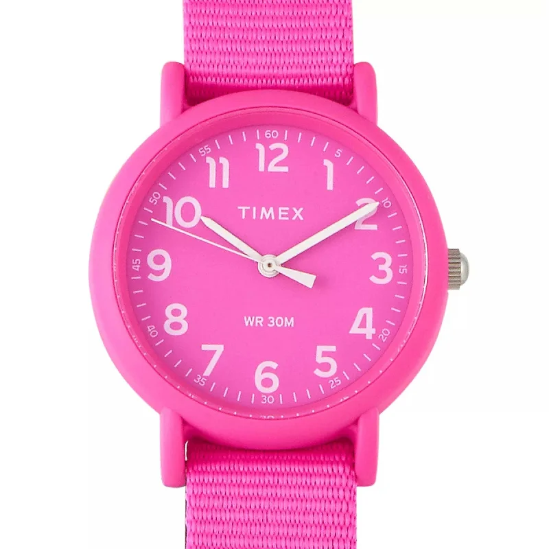 Watches For Urban Fashion-Timex Women's Watch - Weekender Quartz Resin Case Pink Dial Nylon Strap | TWG018100