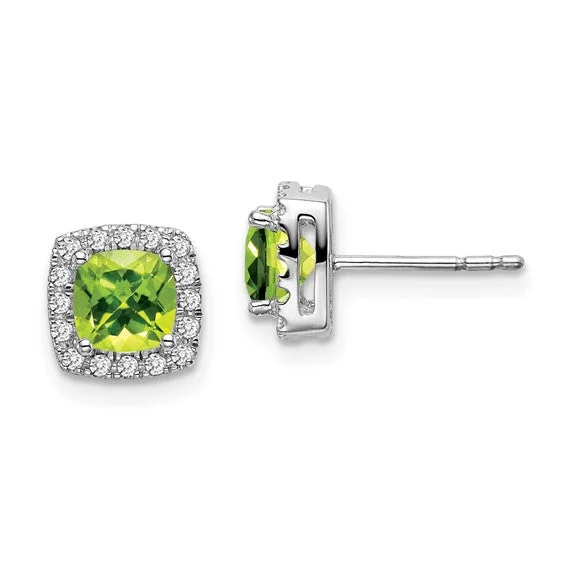 Chunky Earrings For Bold Fashion Statements-14k White Gold Cushion Peridot with Diamond Halo Earrings