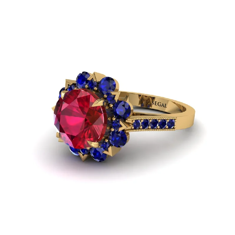 Vintage Style Rings For Retro Weddings-Ruby Halo Sunburst Engagement Ring - Winter No. 70