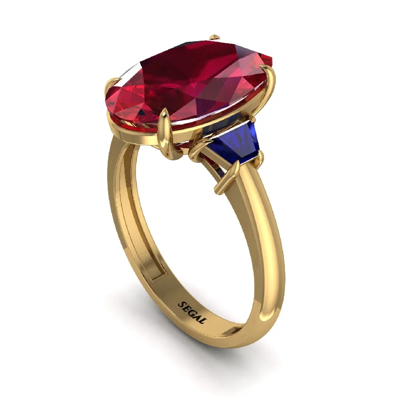 Unique Gold Rings For Bold Style-Oval-Cut Ruby Three Stone Engagement Ring - Amari No. 70