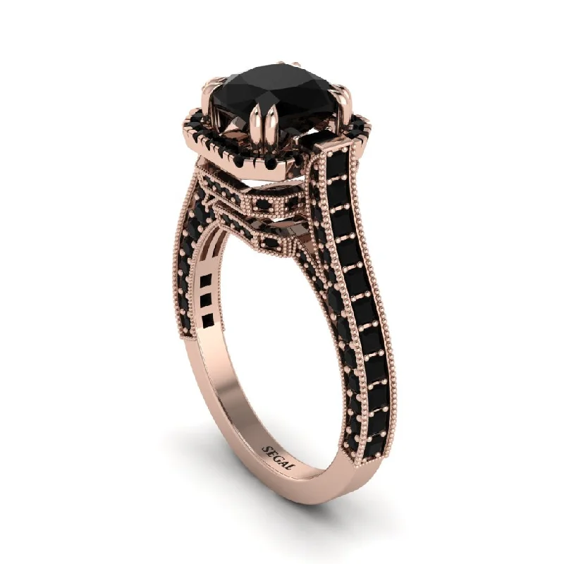 Gemstone Cocktail Rings For Bold Fashion-Black Diamond Three Halo Milgrain Engagement Ring - Mira No. 38