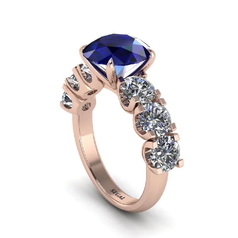 Customizable Gold Wedding Rings For Brides-Round Cut Sapphire Cathedral Engagement Ring - Tatum No. 14