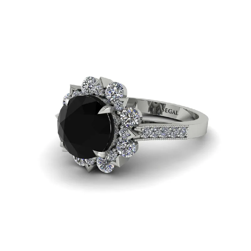 Designer Engagement Rings For Brides-Black Diamond Halo Sunburst Engagement Ring - Winter No. 9