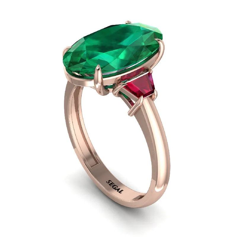 Sparkling Crystal Rings For Evening Wear-Oval-Cut Emerald Three Stone Engagement Ring - Amari No. 50