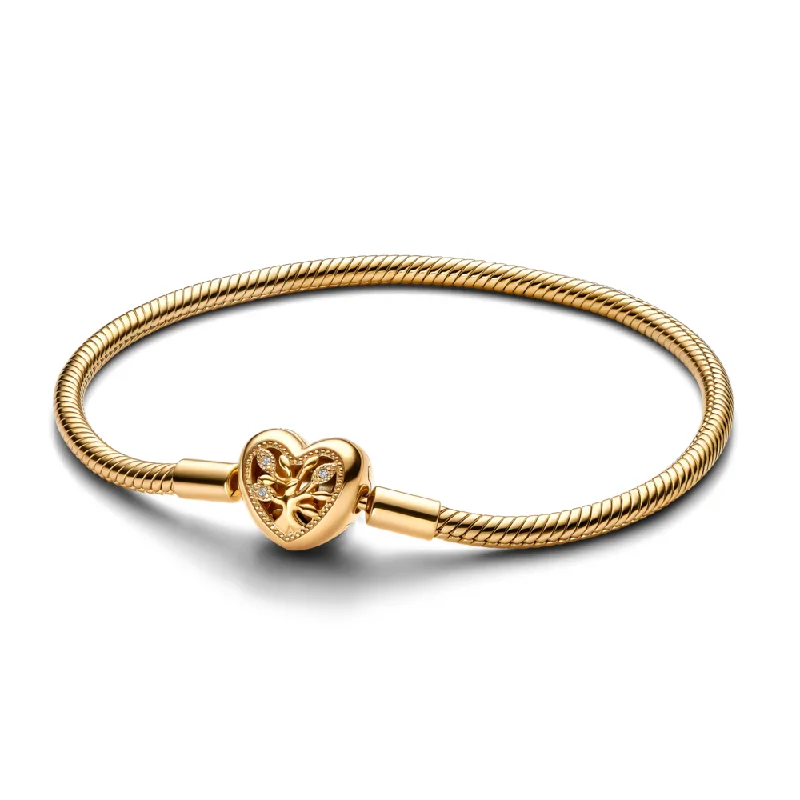 Bracelets With Triangular Designs-Family Tree Heart Clasp Snake Chain Bracelet 563516C01