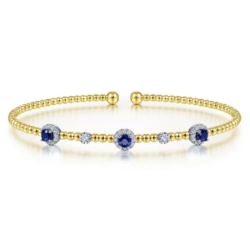 Bracelets For Elegant Statement-Gabriel & Co. - BG4438-62M45SA - 14K White-Yellow Gold Bujukan Bead Cuff Bracelet with Sapphire and Diamond Halo Stations