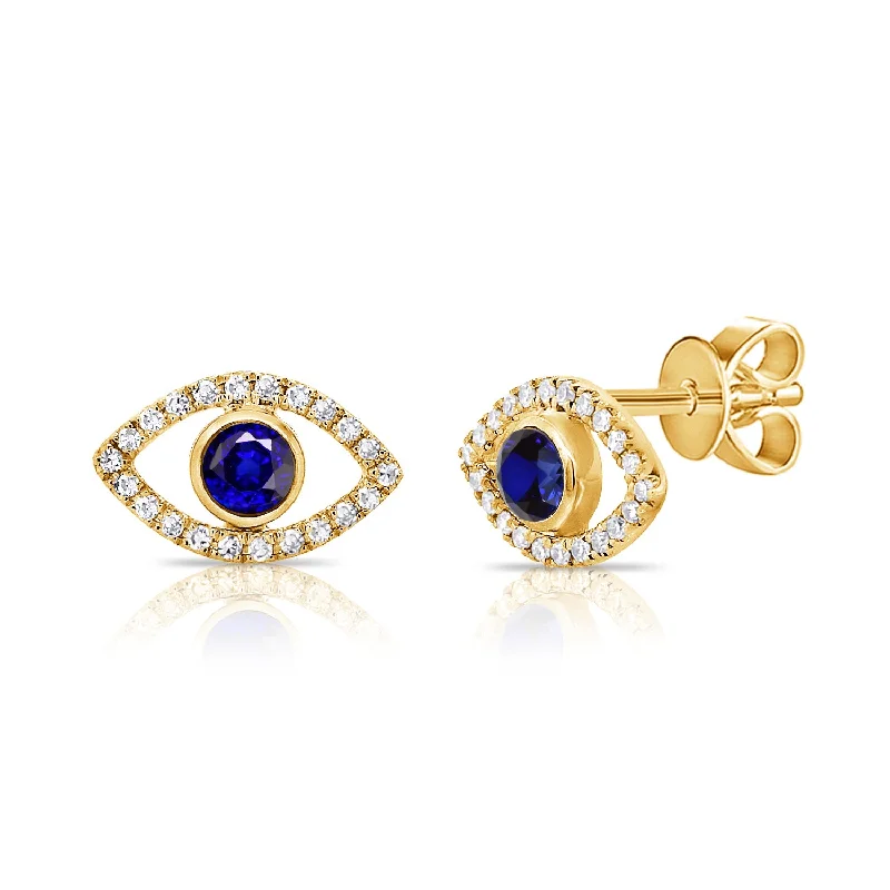 Elegant Silver Earrings For Special Occasions-14K Yellow Gold Diamond + Sapphire Evil Eye Earrings