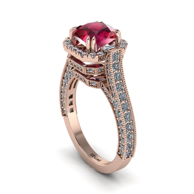 Silver Engagement Rings For Classic Brides-Ruby Three Halo Milgrain Engagement Ring - Mira No. 11