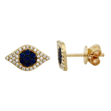 Cute Flower Earrings For Summer-14K Yellow Gold Diamond + Sapphire Evil Eye Earrings