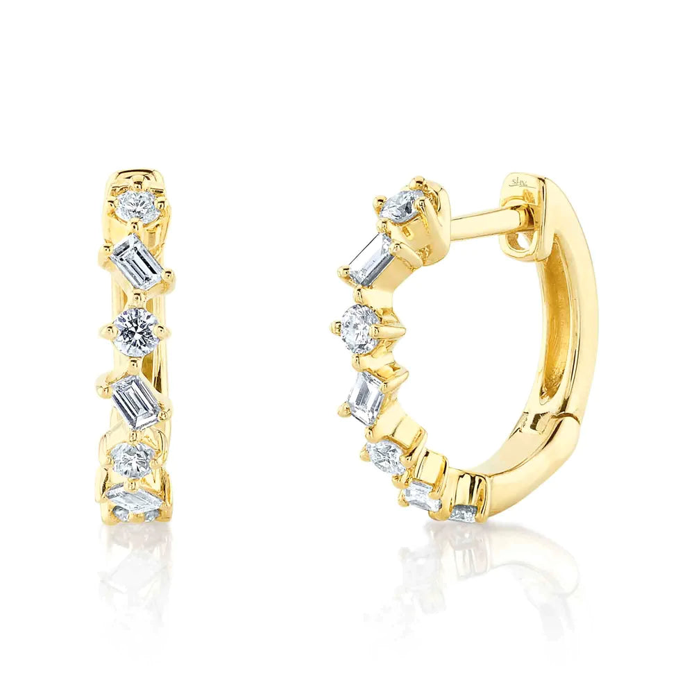 Trendy Chain Drop Earrings For Unique Style-14K Yellow Gold Diamond Baguette Huggie Earrings