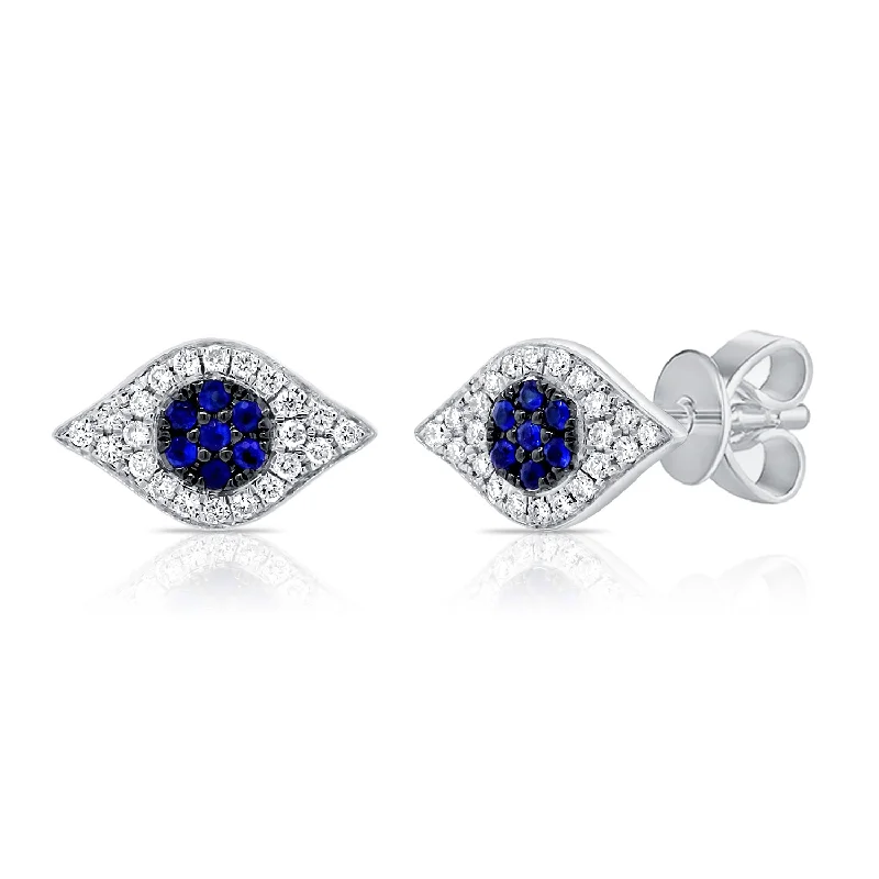 Elegant Earrings For Formal Occasions-14K White Gold Diamond + Blue Sapphire Evil Eye Earrings