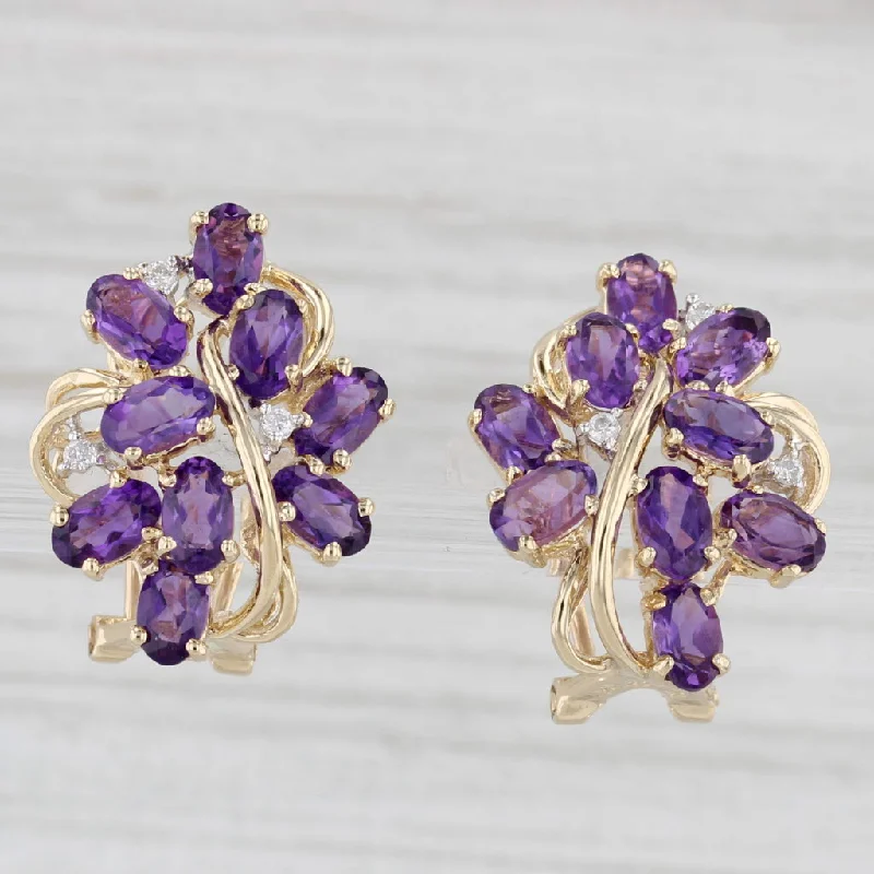 Luxury Gemstone Earrings For Special Occasions-3.65ctw Amethyst Diamond Cluster Earrings 14k Yellow Gold Omega Back Drops