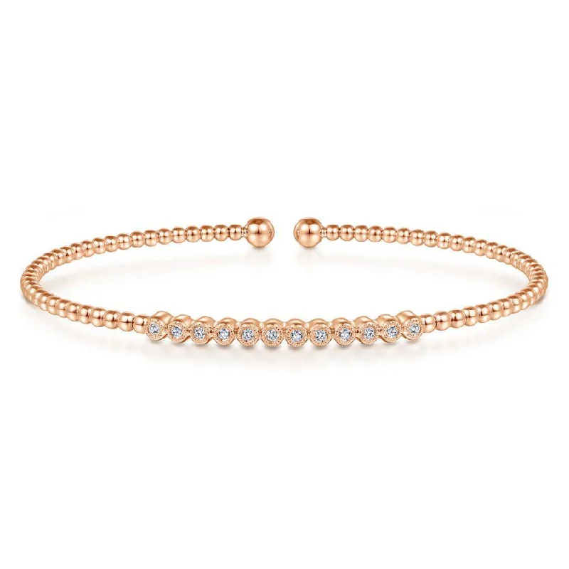 Bracelets For Religious Festivals-Gabriel & Co. - BG4118-62K45JJ - 14K Rose Gold Bujukan Bead Cuff Bracelet with Bezel Set Diamond Stations