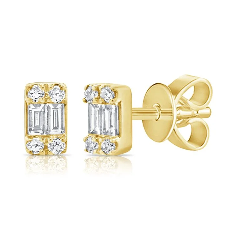 Cute Pearl Stud Earrings For Kids-14K Yellow Gold Diamond + Baguette Mini Stud Earrings