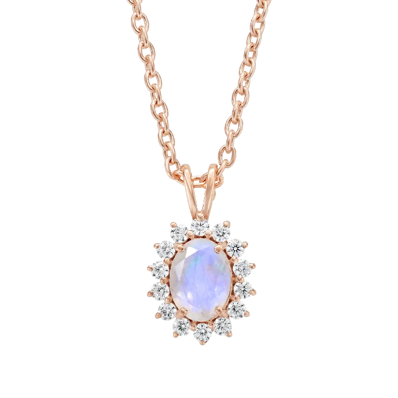 Modern Crystal Necklaces For Fashion Trends-Rose Gold Rainbow Moonstone & Diamond Vintage Fleur Pendant