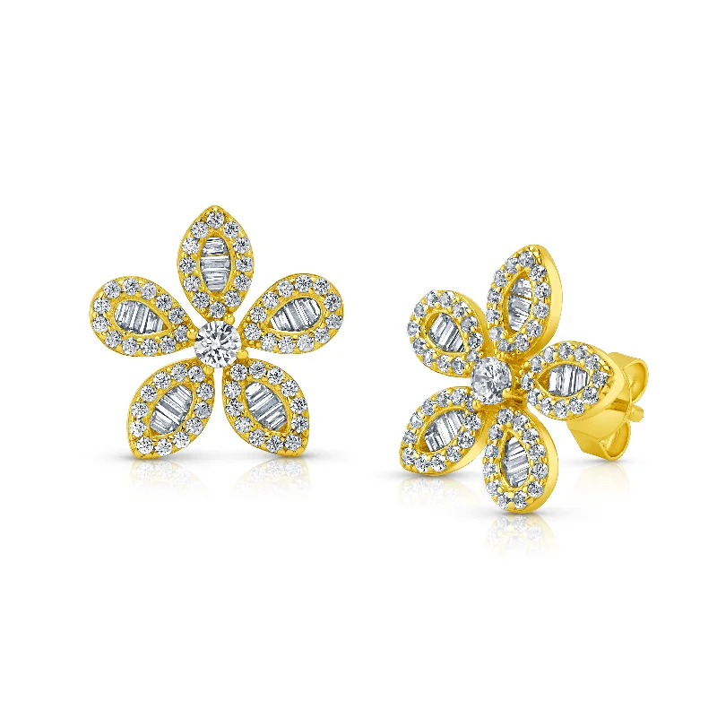 Hoop Earrings For Fashion Enthusiasts-BAGUETTE FLOWER EARRINGS, GOLD