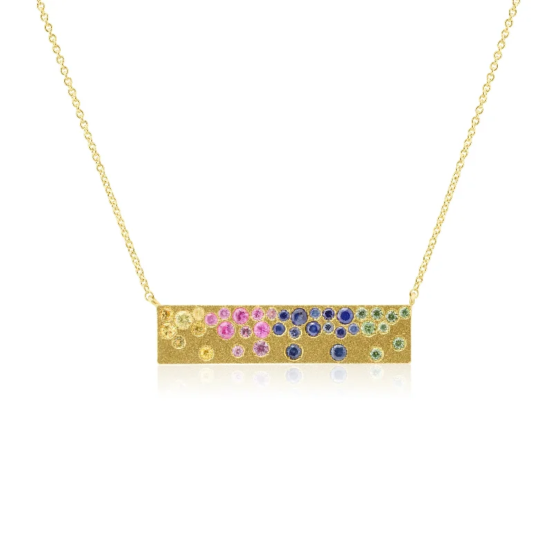 Elegant Moonstone Necklaces For Chic Style-14kYellow Gold Bar Necklace with Pink, Blue, Yellow Sapphires and Green Tsavorite