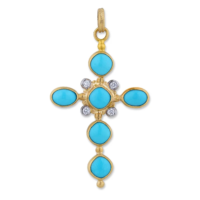 Gorgeous Custom Name Necklaces For Bridesmaids-Lika Behar 22k Gold "Sloane" Sleeping Beauty Turquoise Cross Pendant Necklace