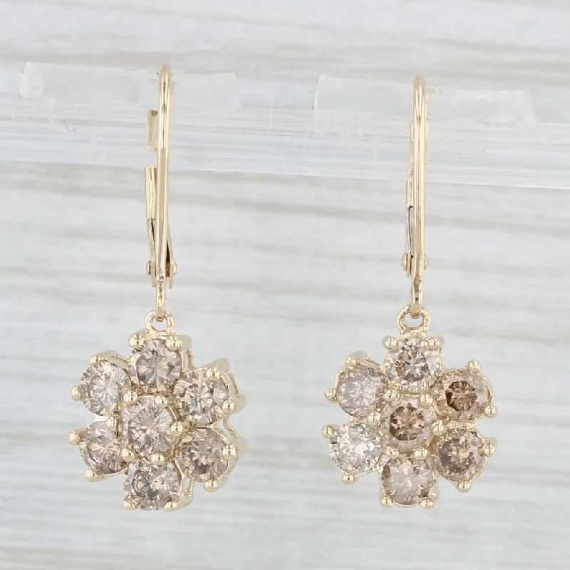 Stylish Dangle Earrings For Every Day-1.80ctw Champagne Diamond Flower Dangle Earrings 14k Yellow Gold