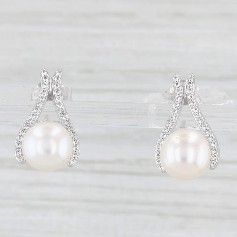 Trendy Chain Drop Earrings For Unique Style-New Cultured Pearl White Topaz Drop Earrings 10k White Gold