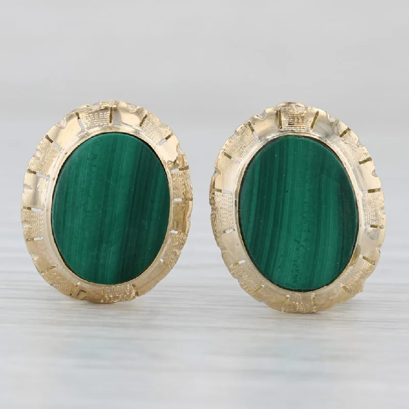 Unique Stone Earrings For Bold Looks-Green Malachite Oval Cabochon Stud Earrings 14k Yellow Gold Omega Backs