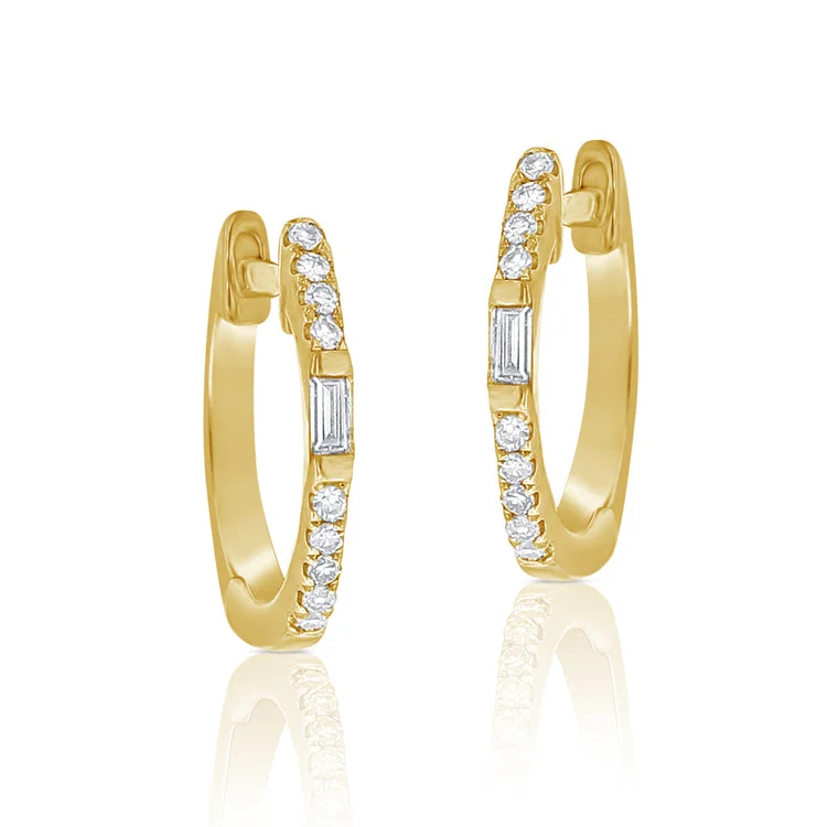 Elegant Silver Earrings For Casual Wear-14K Yellow Gold Round and Baguette Diamond Huggie Earrings