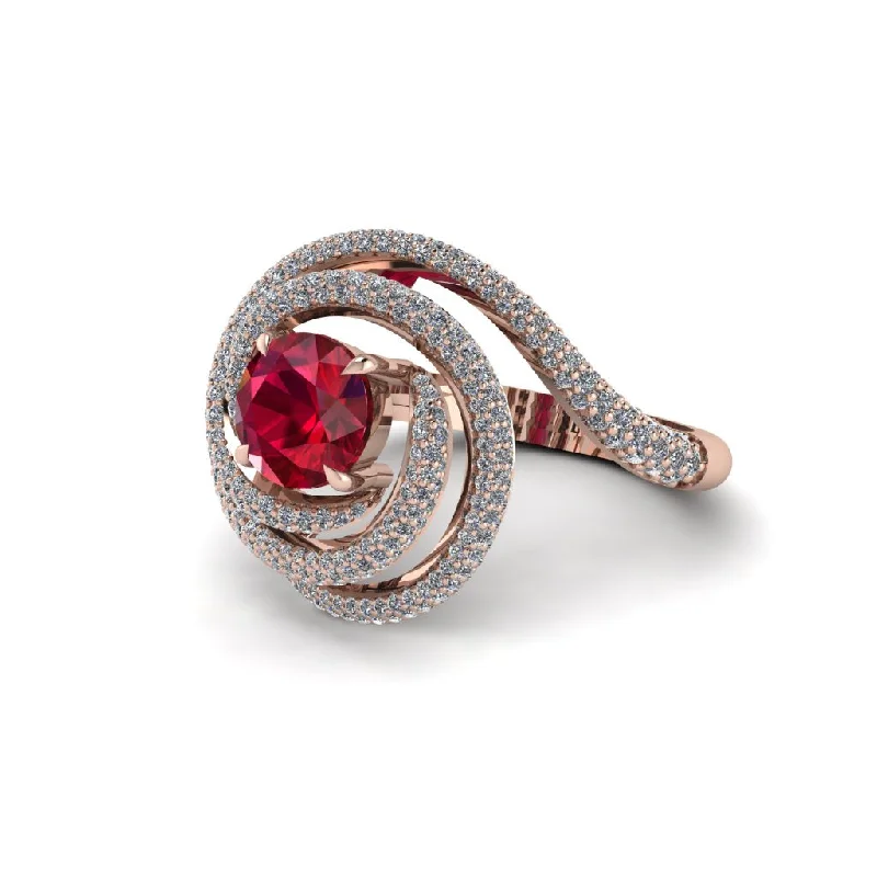 Simple Titanium Rings For Everyday Wear-Ruby Double Halo Swirling Engagement Ring - Serena No. 11