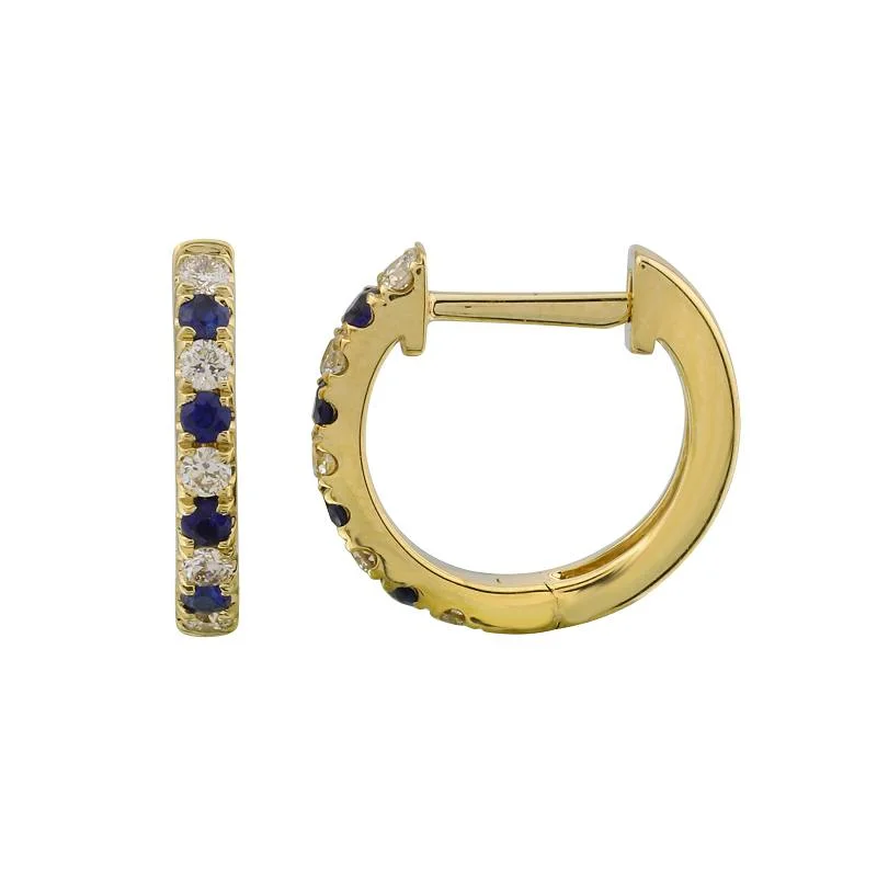 Vintage Earrings For Retro Lovers-14k Yellow Gold Diamond and Blue Sapphire Huggie Earrings