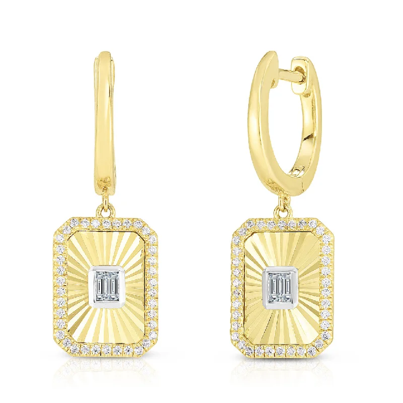 Fashion Gold Earrings For Stylish Women-14K Yellow Gold Fluted Baguette and Pave Diamond Earrings