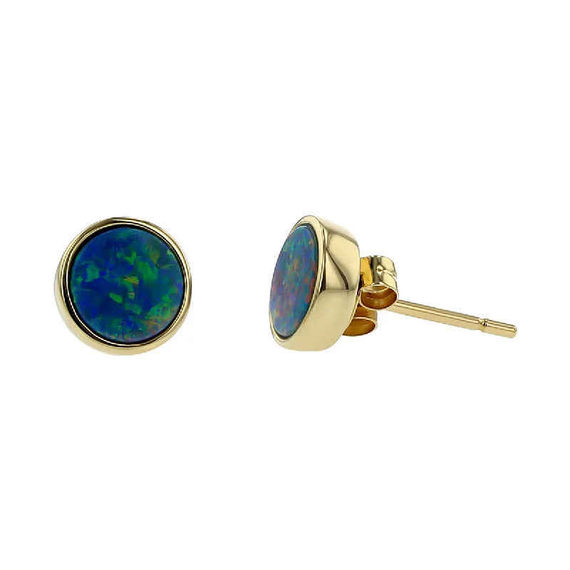 Fashion Hoop Earrings For Women-14K Yellow Gold Black Opal Doublet Stud Earrings