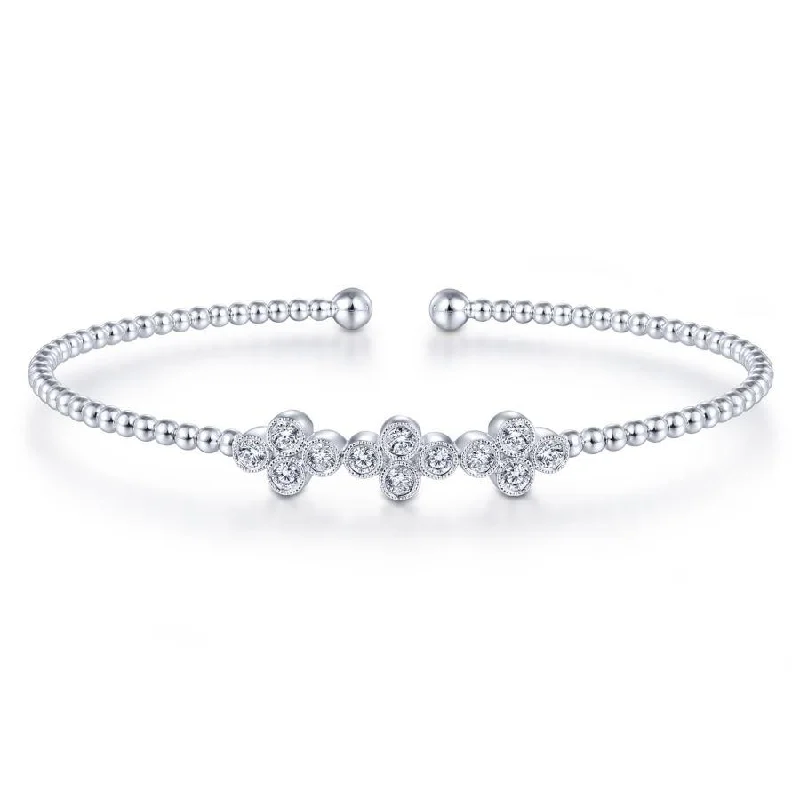 Bracelets For Music Festivals-Gabriel & Co. - BG4115-62W45JJ - 14K White Gold Bujukan Bead Cuff Bracelet with Three Quatrefoil Diamond Stations