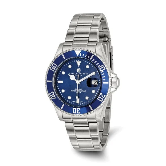 Watches For Indian Weddings-Mens Charles Hubert Stainless Steel Blue Dial Diver Watch