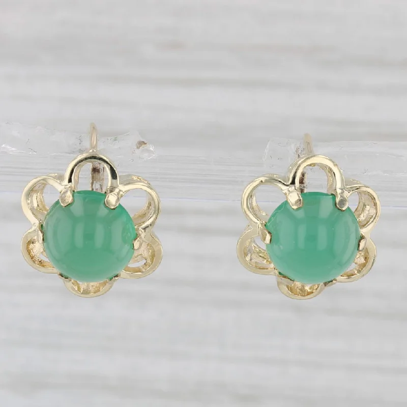 Silver Earrings With Gemstones-Vintage Green Chalcedony Flower Stud Drop Earrings 14k Yellow Gold Lever Backs