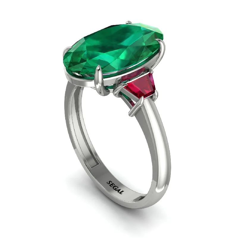 Trendy Stackable Rings For Fashion Forward-Oval-Cut Emerald Three Stone Engagement Ring - Amari No. 51